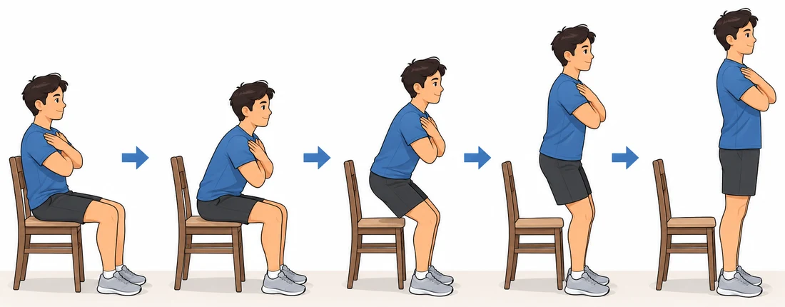 Five stages, left to right: sitting upright on a chair with both arms
         folded across the chest; leaning forward; lifting off the seat; rising;
         standing fully upright with hips and knees straight. The arms stay folded
         throughout and are never used to push.