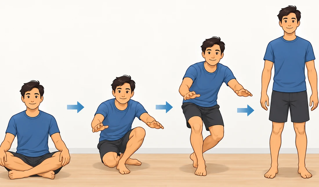 Four stages, left to right: sitting cross-legged on the floor; leaning
         forward with both arms held out and no hand touching the floor; rising
         through a crouch, still unsupported; standing upright. Nothing but the
         feet and legs touches the floor at any point.